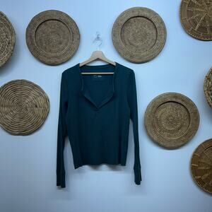 Aerie Green Ribbed Long Sleeve Top XL V-Neck Stretch Minimalist Casual